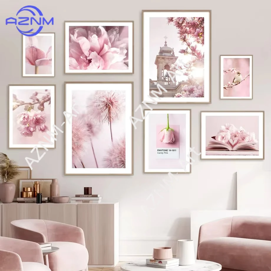 1pc Spring Pink Rose Peony Orchid Sparrow Car Garden Posters Flower Wall Art Canvas Painting Home Room Decor