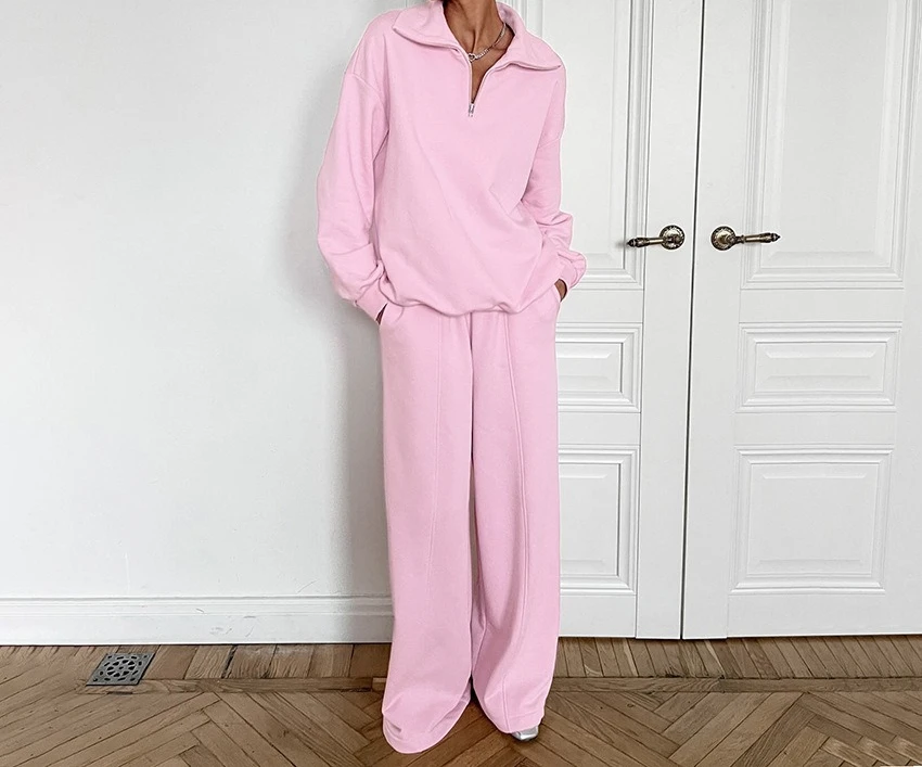 

2026 Autumn/Winter Pink Hoodie Set Women's Fashion Casual Polo Shirt and Pants Two Piece Set