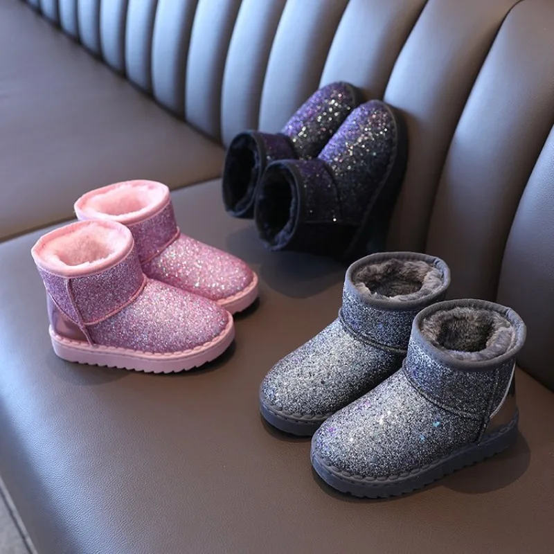 Children Snow Boots Soft Bottom Warm Padded Thickened Boots Non-slip Cotton Shoes Girls Comfort Fuzzy Shoes Glitter Casual Shoes