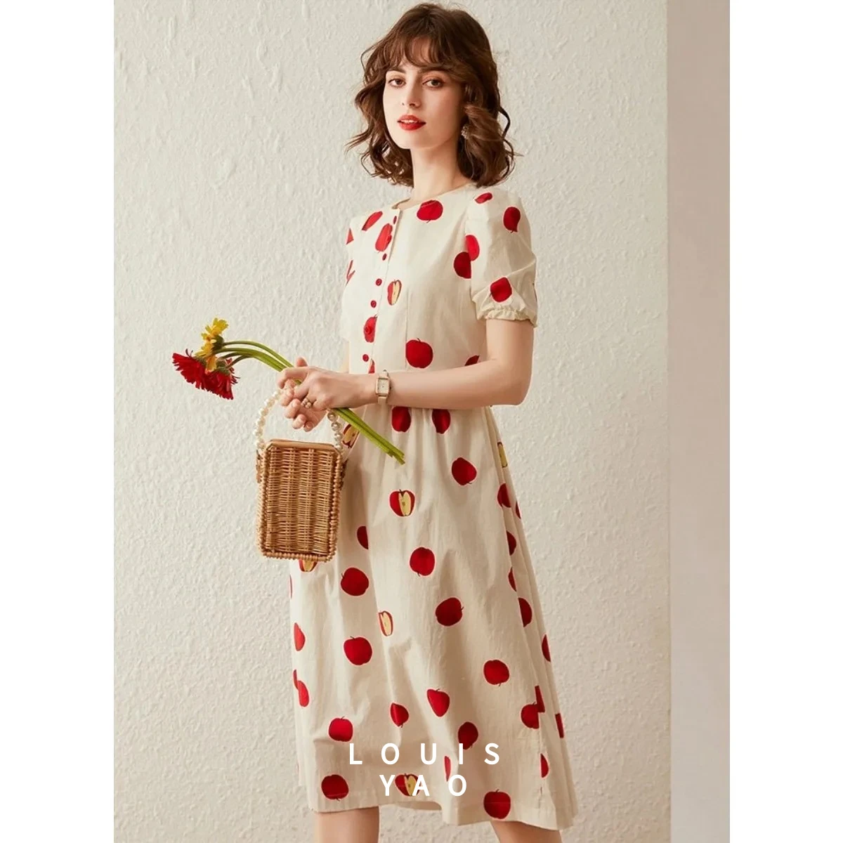 

LOUISYAO 2026 Летнее женское платье: романтичное, элегантное, с цветочным принтом, пышными рукавами, завышенной талией, круглым вырезом, повседневное платье для женщин