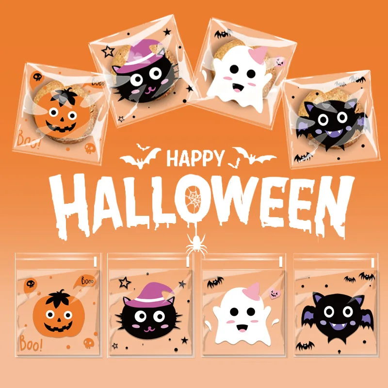 100pcs Cookie Bags Plastic Translucent Pumpkin Bat Halloween Party Favors Self-adhesive Candy Bag Gift Baking Packaging Bag