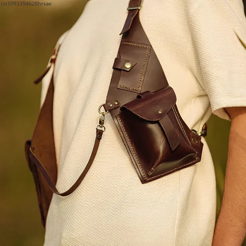 Średniowieczna Steampunkowa torba na ramię z uprzężą na klatkę piersiową Vintage skórzana torebka na telefon kieszonka kabura z zabezpieczeniem przed kradzieżą torba dla kobiet mężczyzn festiwal