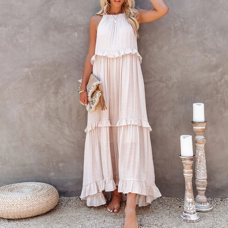 

Elegant Women's Apricot Ruffle Edge Long Mop Floor Dresses Summer Fashion Hanging Neck Sleeveless Lace Cake Dress vestiods S-3XL