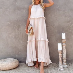 Elegant Women's Apricot Ruffle Edge Long Mop Floor Dresses Summer Fashion Hanging Neck Sleeveless Lace Cake Dress vestiods S-3XL