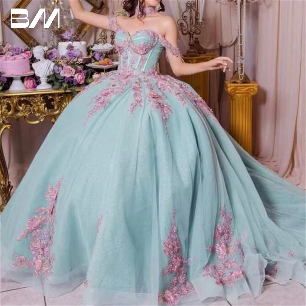 

Floral Appliques Sweet 15 Dress for Women Customized Ball Gown Tulle Corset Quinceanera Dresses 2025 Sweetheart Formal Gown