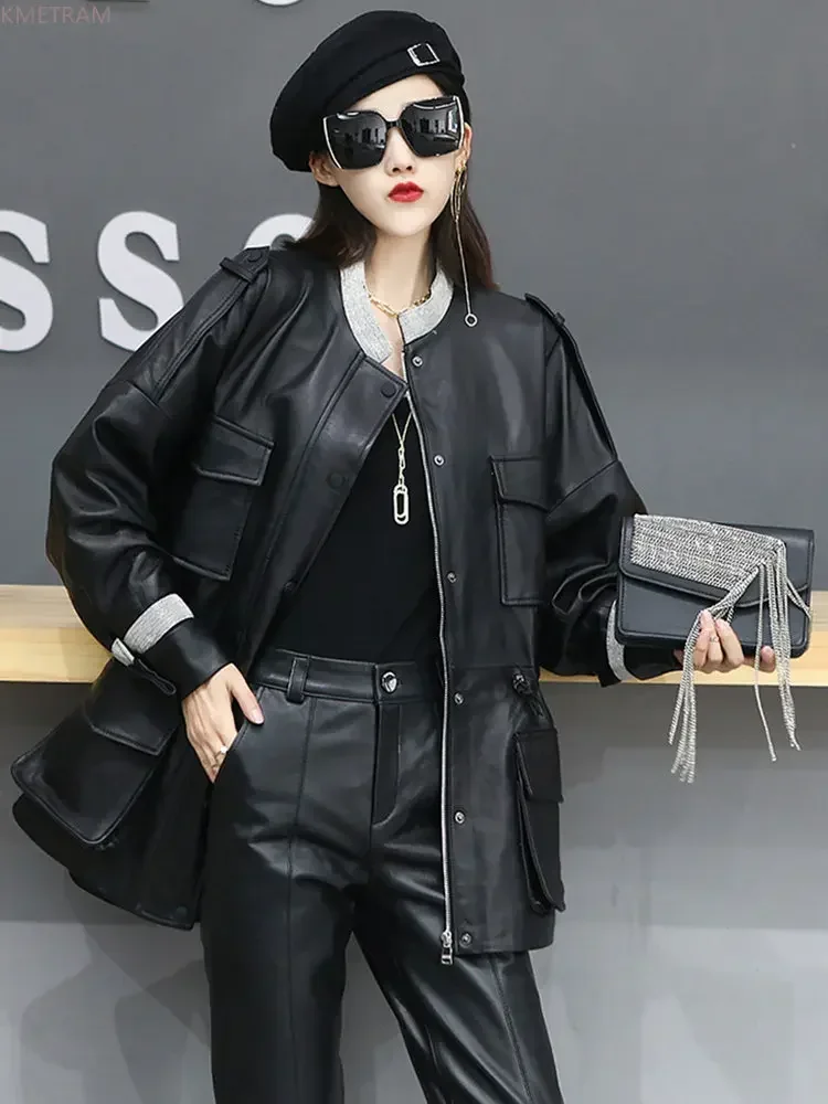 Genuine Sheepskin Leather Jacket Women Loose Leather Jackets for Women 2024 Real Leather Coat Mid-length Coats Korean Streetwear