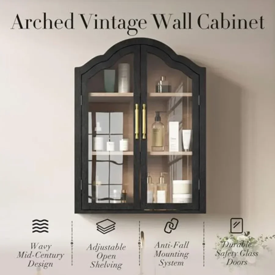 Bathroom and Kitchen Wall Cabinet with Wave Design Arch, Tempered Glass Doors, Adjustable Shelf, Above-toilet or Bookshelf Use, - view 5