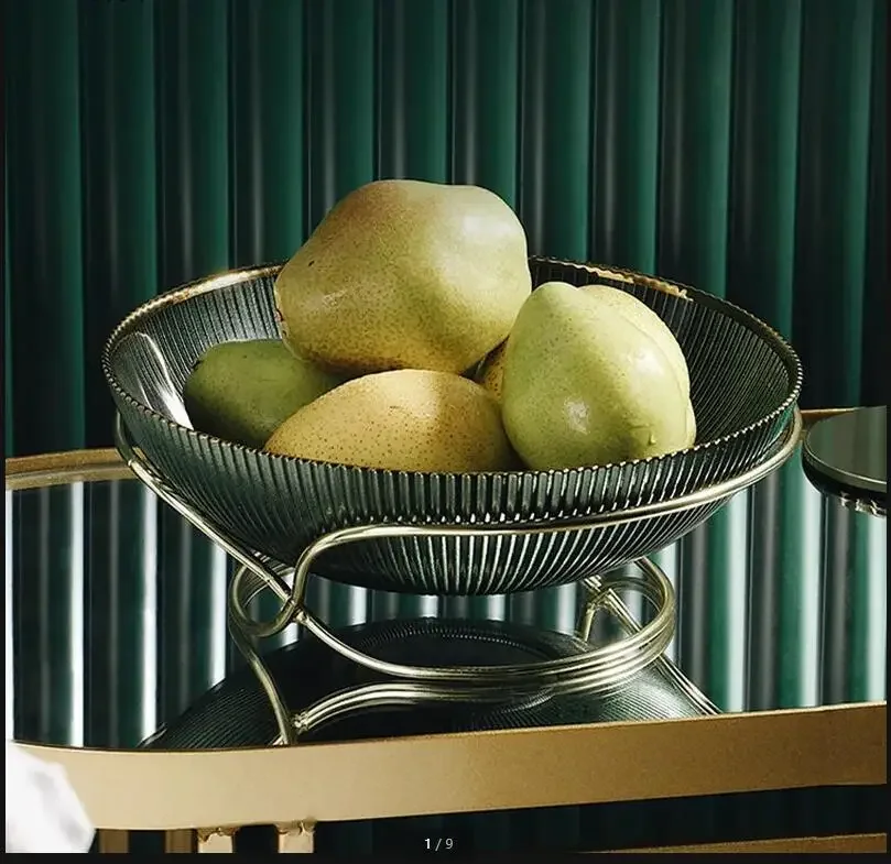 

Glass Large Fruit Plate Home Living Room Round Decoration Fruit Tray with Metal Rack Snack Tray Salad Bowl Decorative Tableware