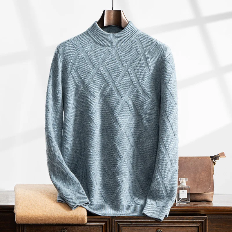 Men Cashmere Sweater Half Turtleneck Thick Jacquard Business Loose Autumn Winter