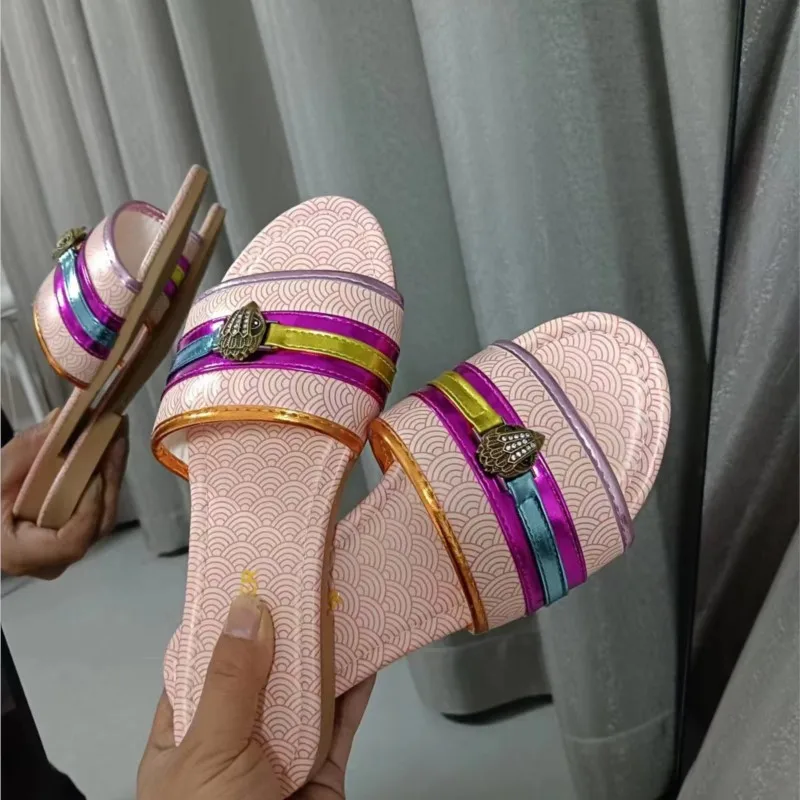 2024 foreign trade summer new color flat slippers female metal eagle head to wear a line of casual slippers