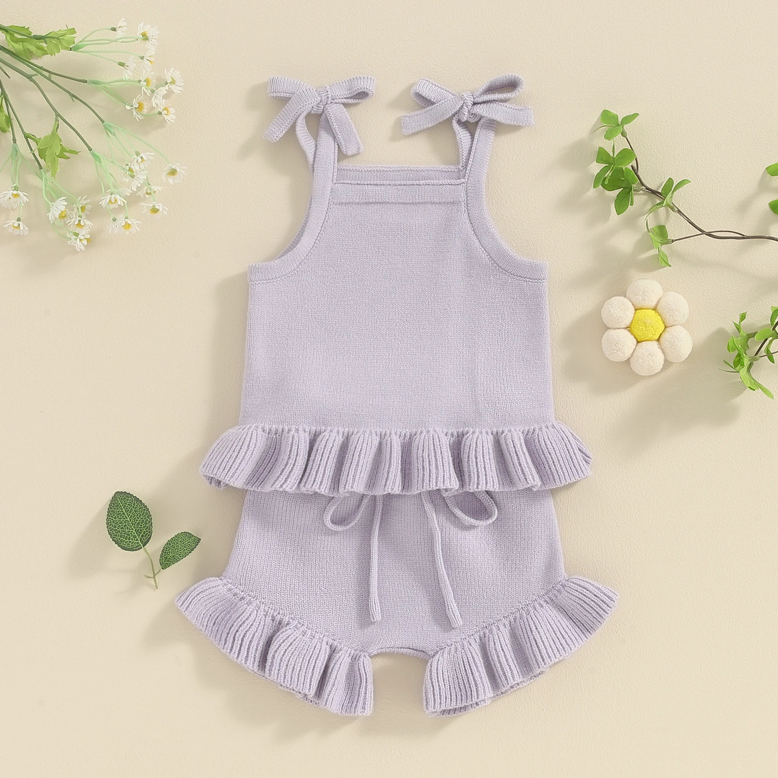 EWODOS Baby Girls Knit Shorts Outfits Solid Color Sleeveless Cami Tops with Elastic Waist Shorts 2Pcs Set For 0-18 Months