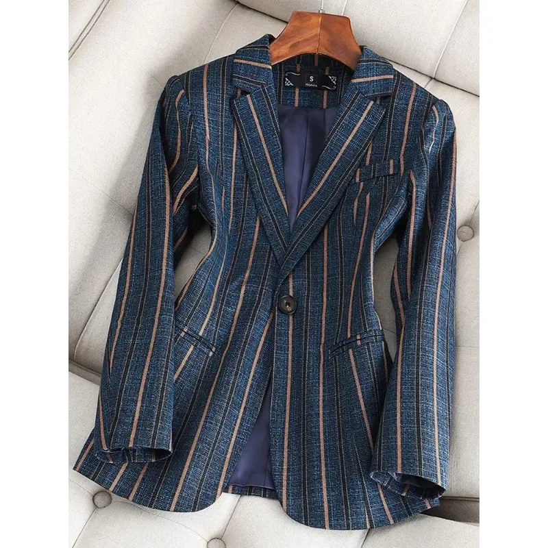 Gray Blue Striped Ladies Slim Formal Blazer Women Female Long Sleeve Single Button Business Work Wear Jacket Coat