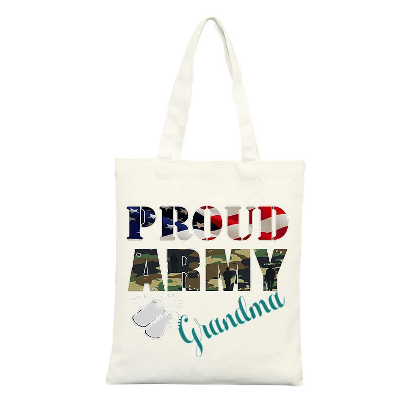 Proud Army Grandma Canvas Tote Bag with Flag and Camouflage Print, Ideal for Casual Daily Use and Military Family Outings