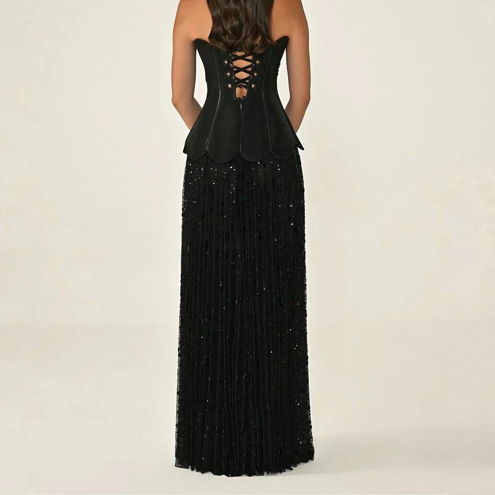 맞춤형 A라인 이브닝 드레스 바닥 길이 스트랩리스 민소매 프롬 가운 패션 스팽글 사이드 슬릿 드레이프 파티 가운