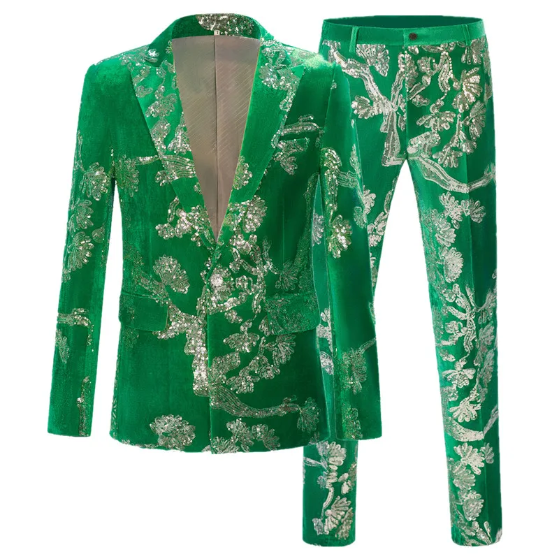 

Luxury Green Sequin Velvet Suit for Men - Shiny Floral Blazer & Pant , Party/Wedding Wear, Sparkling Design, Stylish Mens Outfit