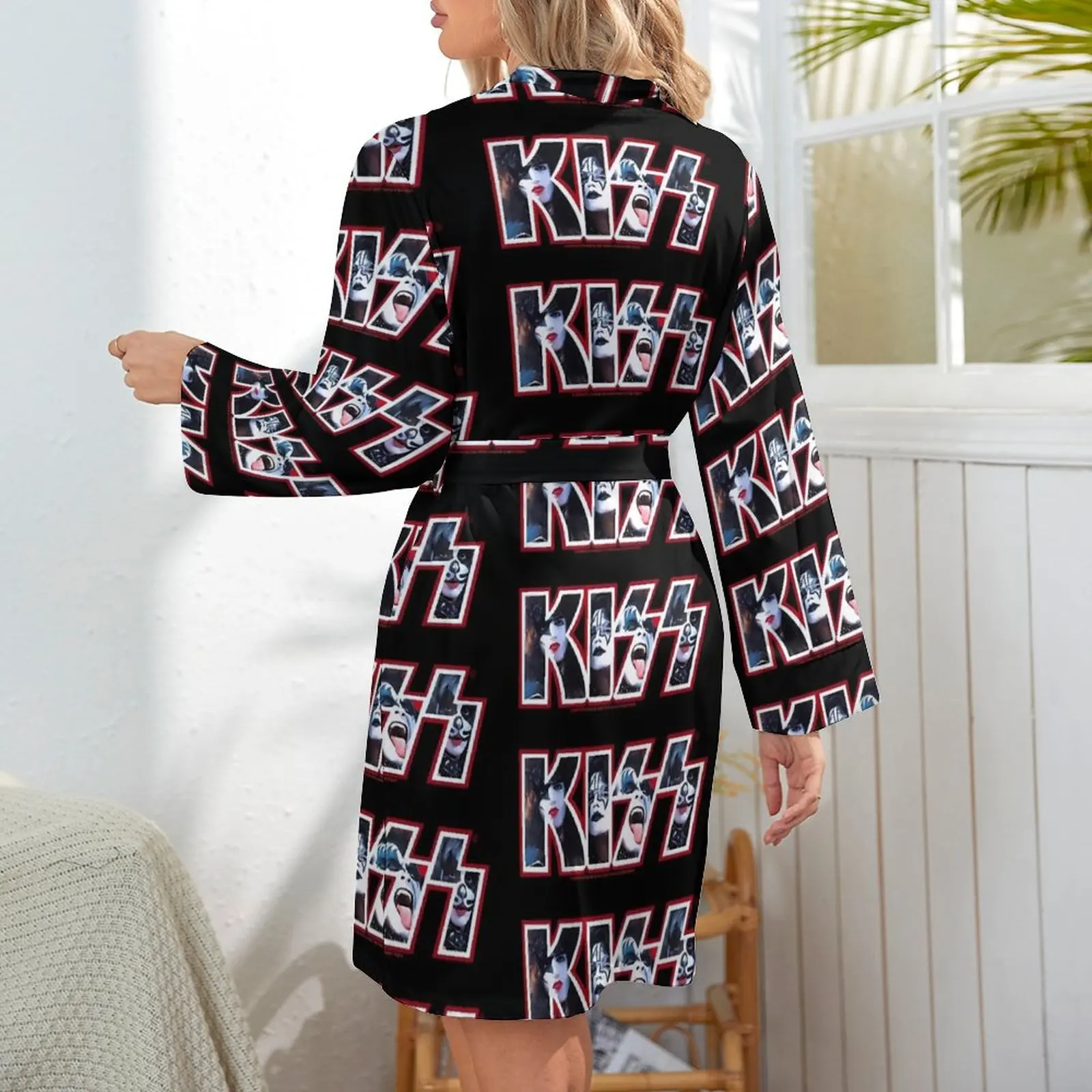 Kiss Band Photo Logo Pajama Robe Rock Band Long-Sleeve Sleep Pajamas Robes Women V Neck Sexy Nightgown Spring Printed Dress