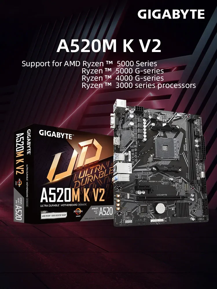 اللوحة الأم GIGABYTE A520M K V2 AMD AM4 لـ Ryzen 3/4/5 Series CPU DDR4 64GB PCI-E 3.0 16X SATA3.0 M.2 VGA, Realtek ® GbE