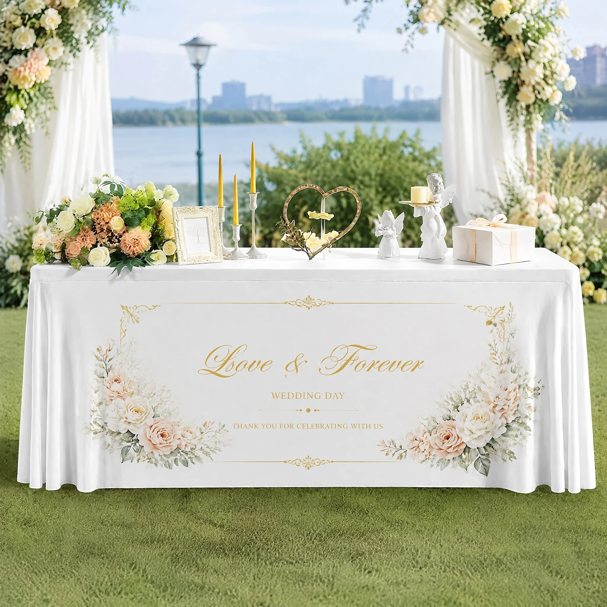 Custom Wedding Tablecloth Personalized Couple Names Elegant Floral Table Cover for Romantic Wedding Celebration