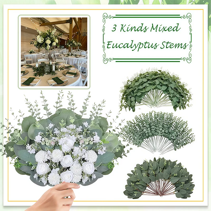 

3 Kinds Mixed Eucalyptus Stems Greenery for Centerpieces DIY Artificial Greenery Stems for Wedding(90/120/180/270PCS)