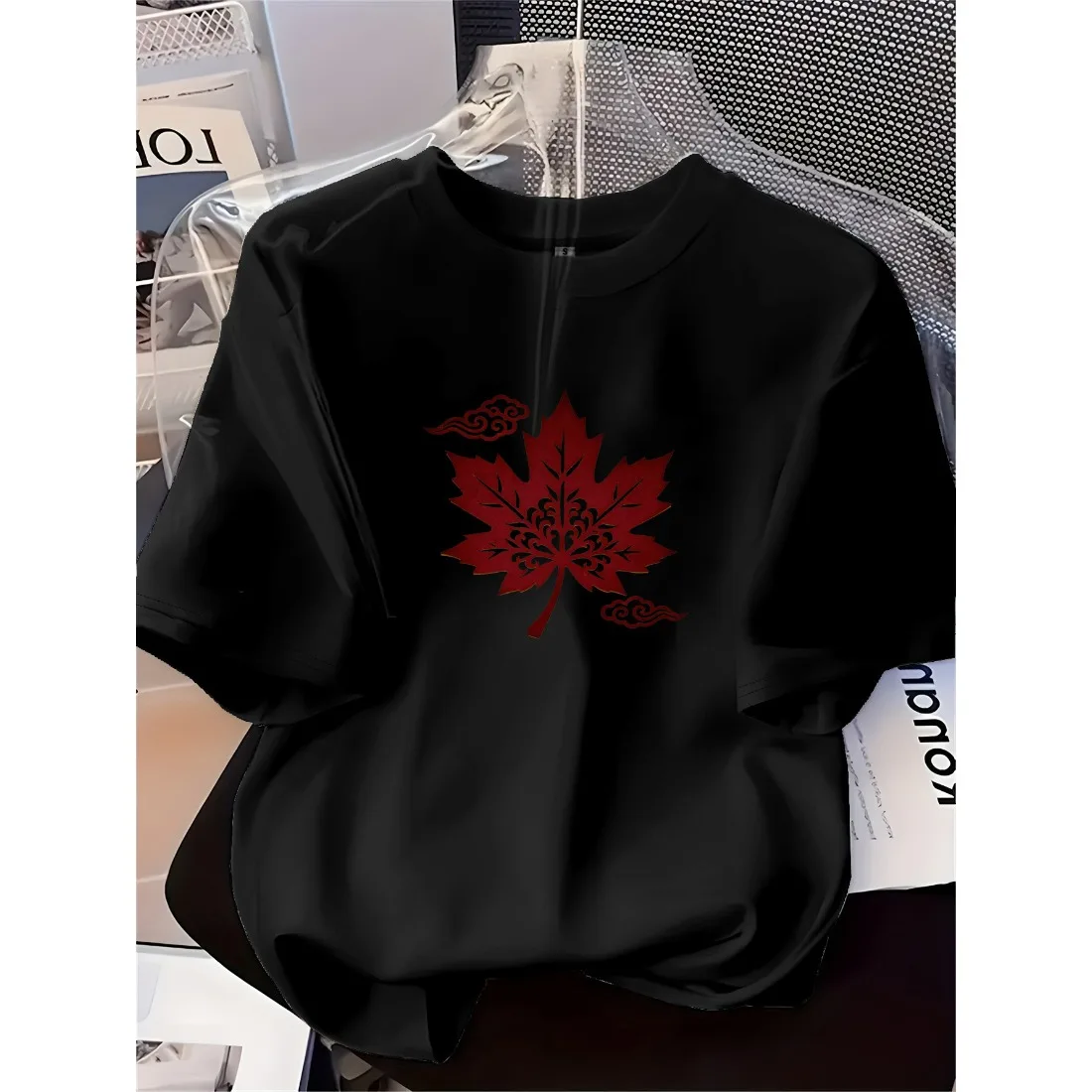 Children's Round Neck T-shirt Fashionable Loose Soft Comfortable Breathable Versatile Maple Leaf and Cloud Pattern Top