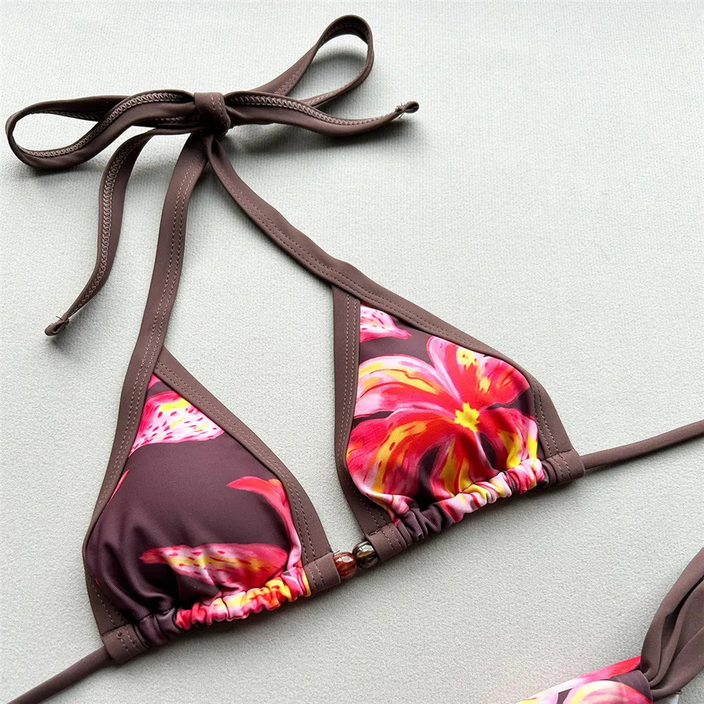Brown Flower Print Swimwear Micro Thong String Halter Triangle Bikinis Sets Sexy Swimsuit Women 2026 Brazilian Bikini Femmes