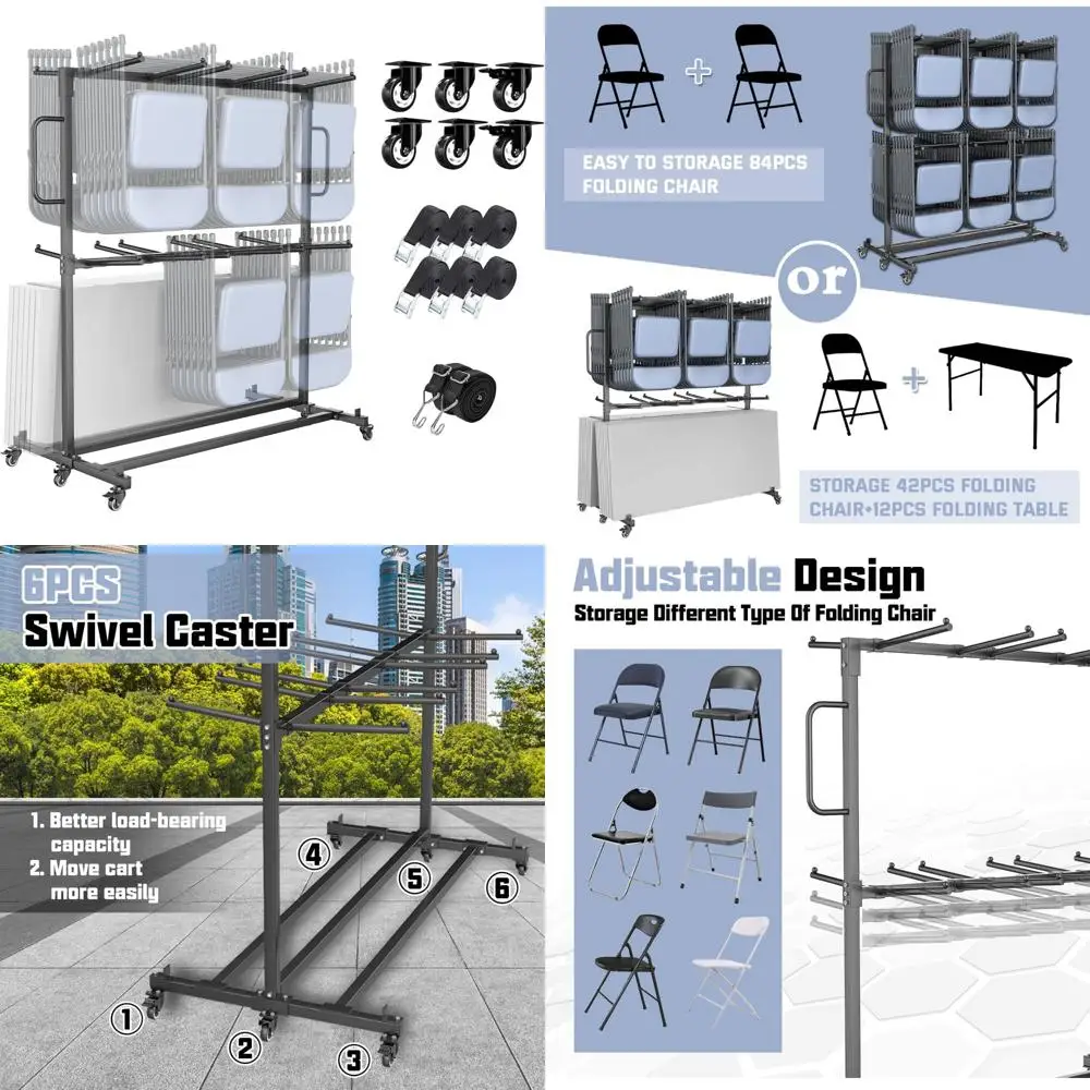 طاولة وكرسي قابلة للطي بطبقتين مع 6 عجلات دوارة، سعة 800 رطل، رف وأشرطة للتخزين #1