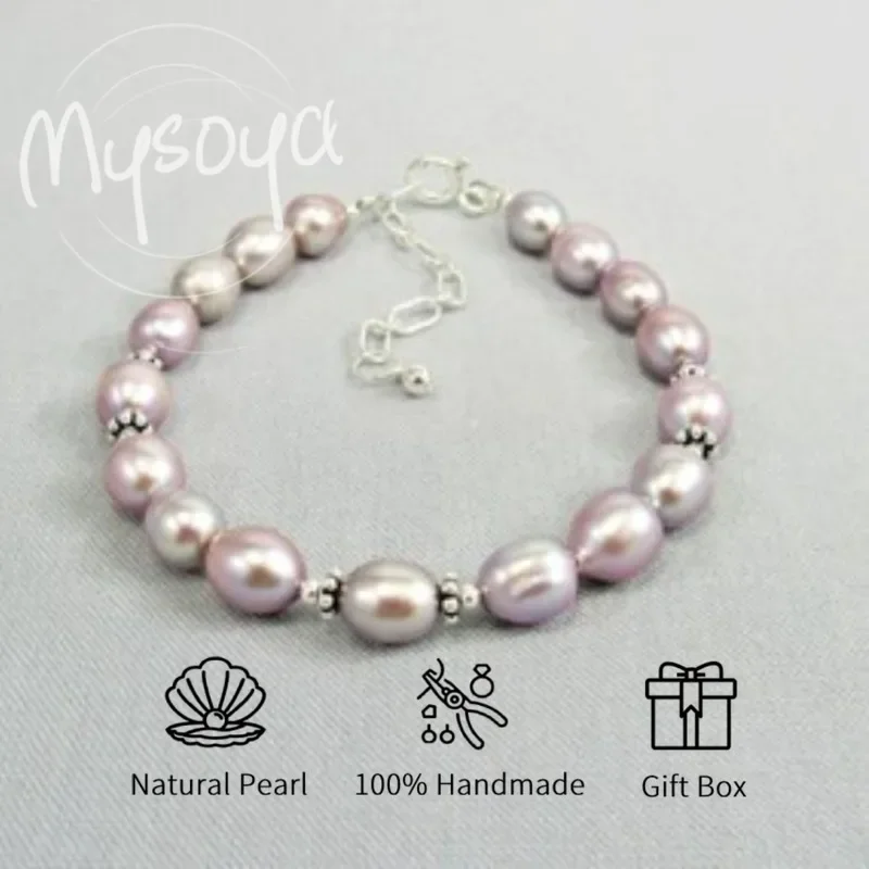 

MYSOYA Pink And Purple Rice-Shaped Freshwater Pearl Bracelet 7-8mm With Gift Box For Her/Him Birthday/Wedding/Christmas Gift