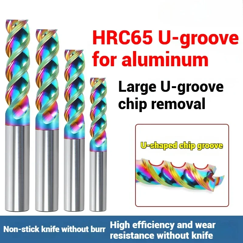 HRC65 DLC Color Coated High Gloss Aluminum Milling Cutter Special CNC U-groove Integral Tungsten Steel 3 Flute Carbide End Mill