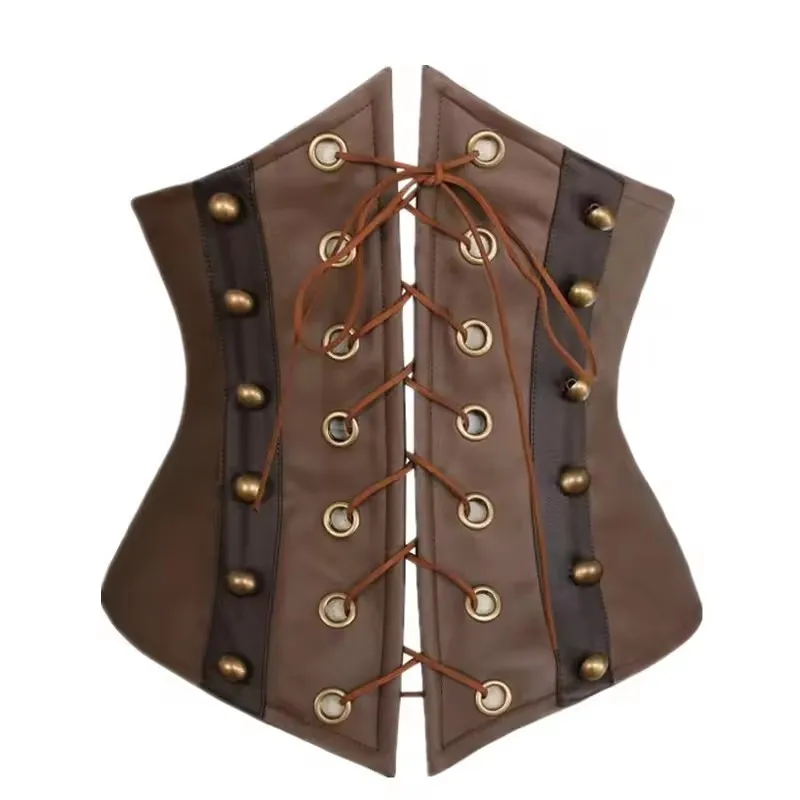 Brown PU Leather Tying Rope Steel Boning Underbust Corset Lace Up Bustier Steampunk Corset Sexy Vintage Women Bustier Top Summer