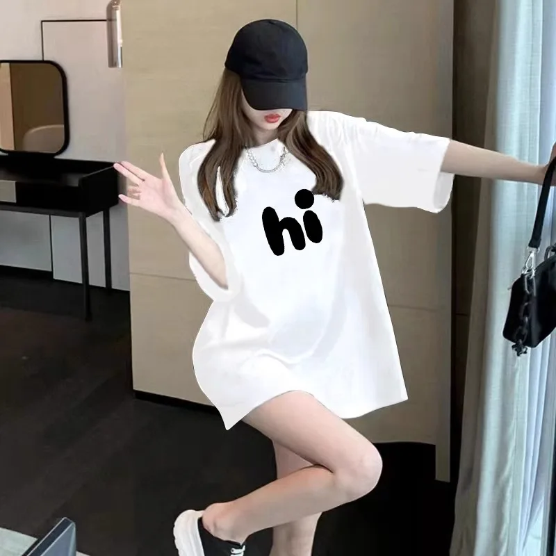 White Loose Cotton T-Shirt Women's Short Sleeve Mid-Length Butt Covering Large Size Half Sleeve Summer Pure Cotton Top
