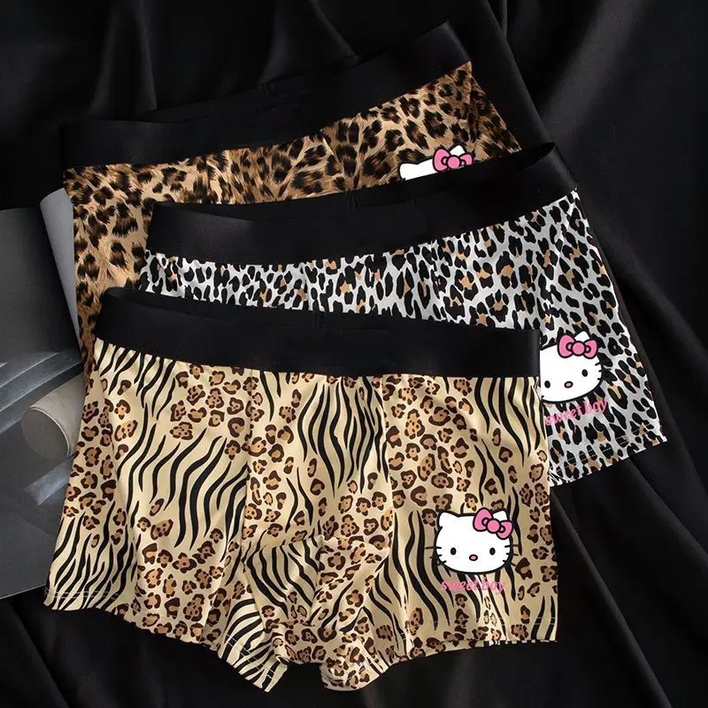 Hello Kitty Periferiche anime Cartoon Stampa leopardata Slip da ragazzo Personalità creativa Pantaloncini sexy senza traccia di seta ghiacciata Boxer carini