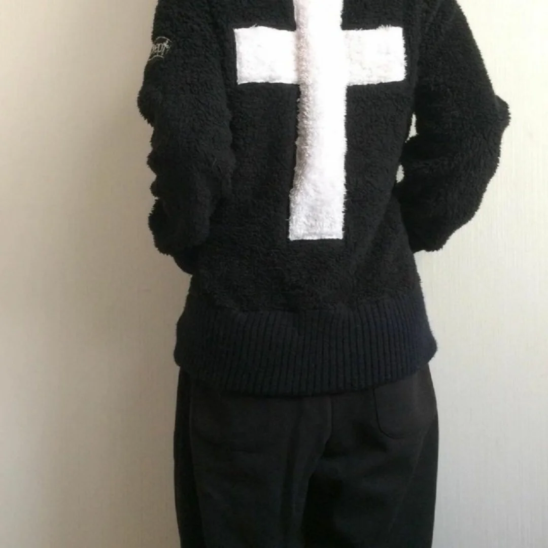 Autumn and winter subculture cross plush hooded jacket for men and women, warm and unique sweater cardigan for couples
