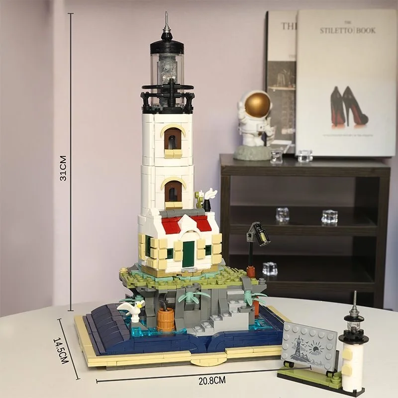 1016PCS Sea Island Electric Lighthouse Building Blocks Fisherman\'s Hut Light House Assembly Model Idea Decoration Children Gifts