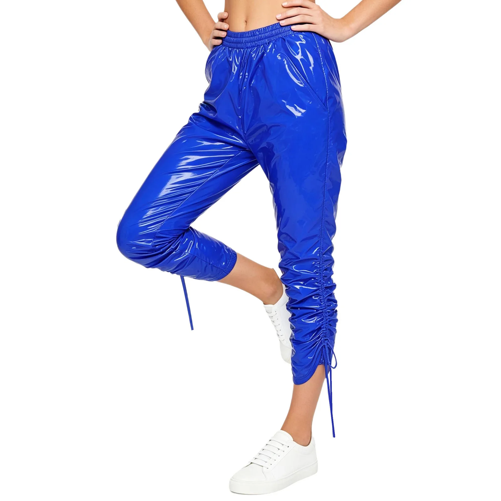 Womens Waterproof Reusable Pants Adjustable Waistband Side Pockets Drawstrings Capri Trousers Gym Workout Sportswear Streetwear