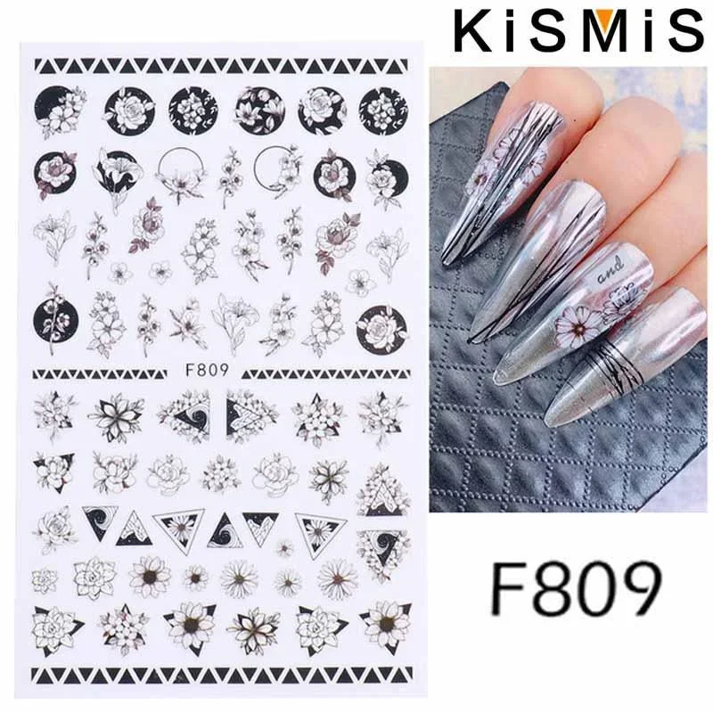 ثلاثية الأبعاد الأسود هندسية زهرة مسمار الفن ملصقات ذاتية اللصق المرأة مانيكير الديكور