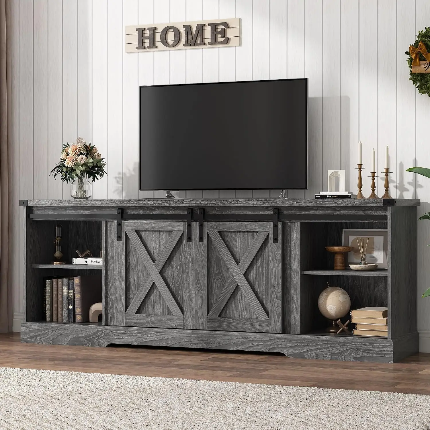 Farmhouse TV Stand for 70/75/80 Inch TV, Entertainment Center Storage Cabinets with Sliding Barn Doors, Media, Customized