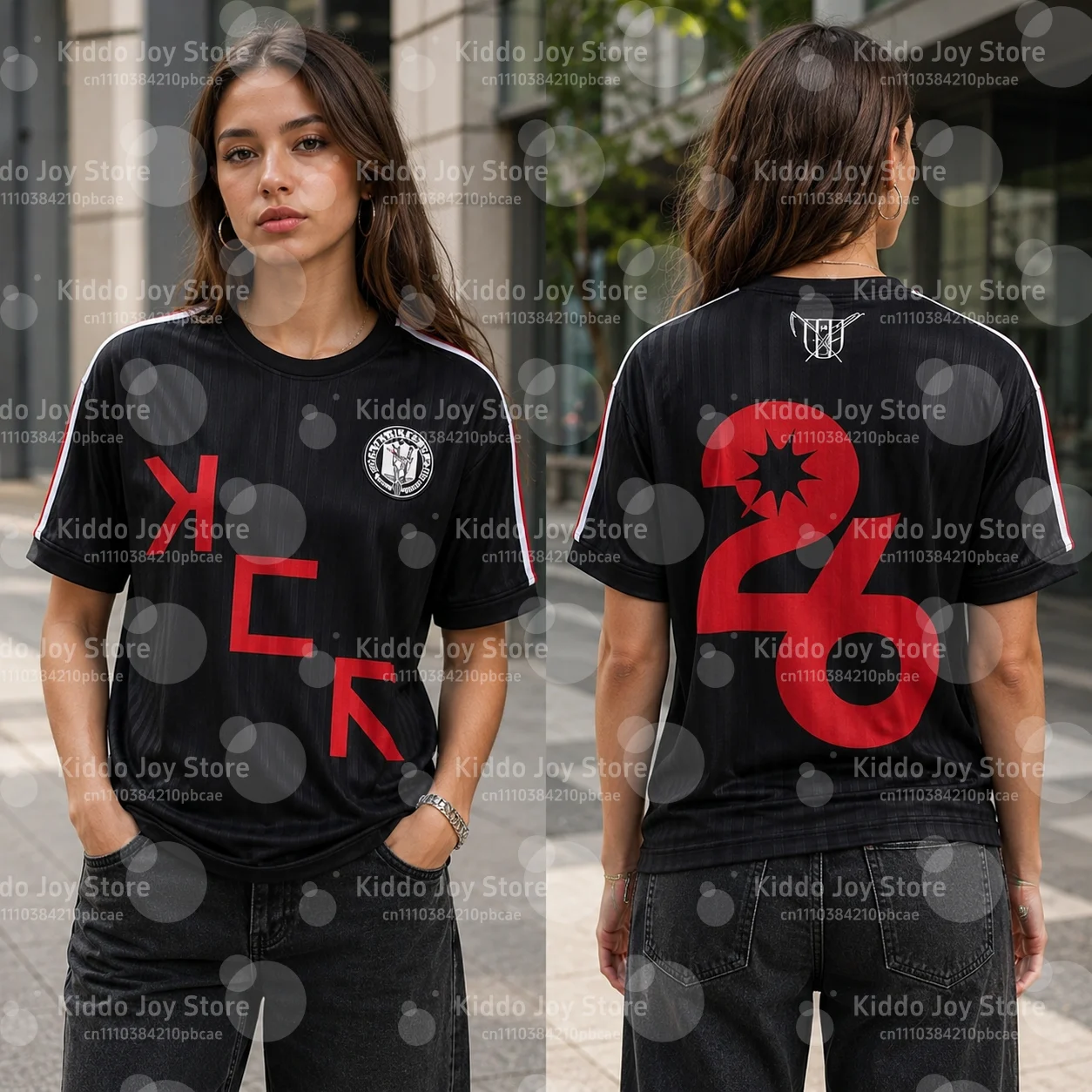 Men Black Vertical Stripe Soccer Jersey KCK Letter Big Number 26 Print Short Sleeve White Red Stripe Shoulder Streetwear