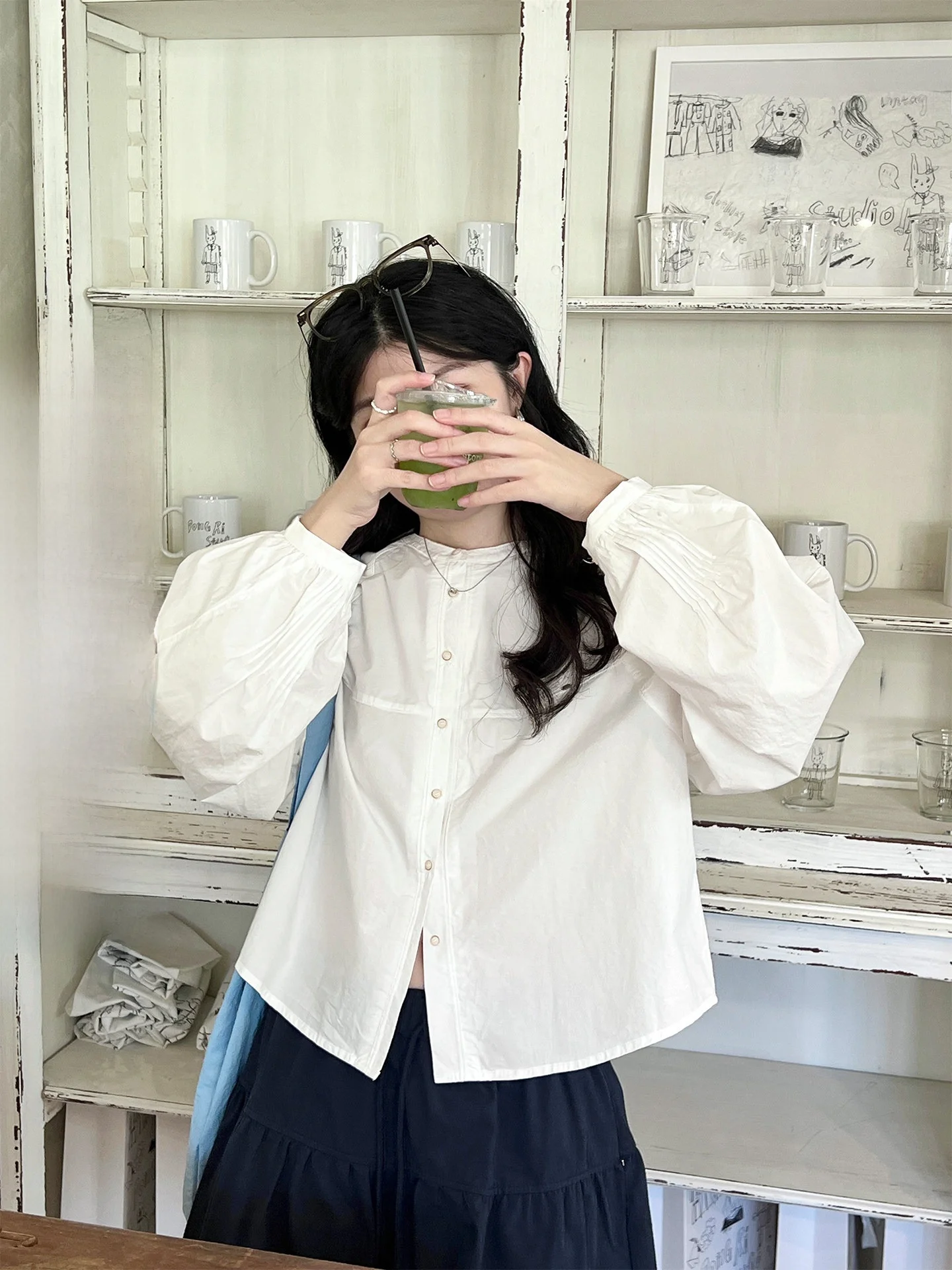 

Rame Japanese Sle ort irt White round Ne Accordion Pleat Lantern Sve Simple Cotton Blouse for Young Girls