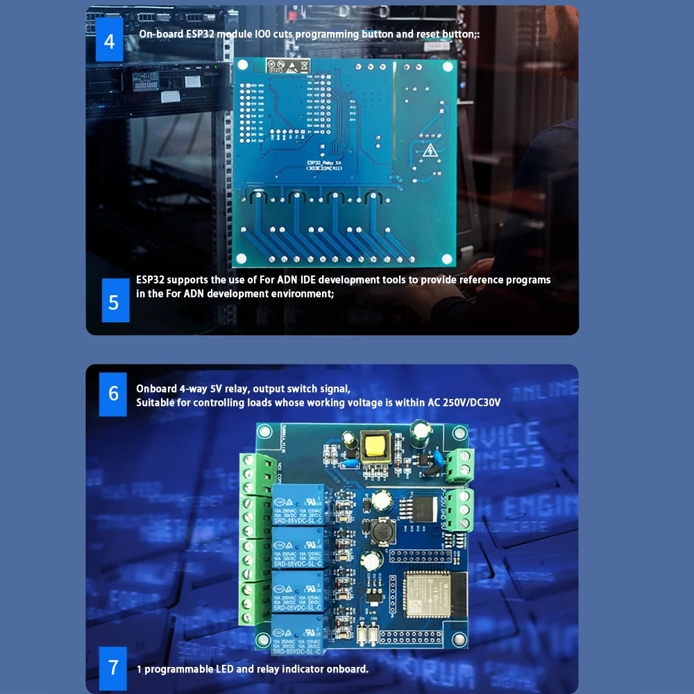 Fuente de alimentación AC / DC ESP32, WiFi, Bluetooth, BLE, módulo de relé de 4 canales, PLACA DE DESARROLLO DE ESP32-WROOM