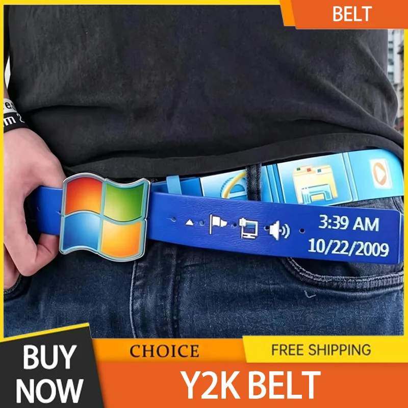Retro Desktop UI Printed Pin Buckle Belt Vintage PU Casual Waist Strap for Men Women Y2K Denim Streetwear Nerd Style Accessory