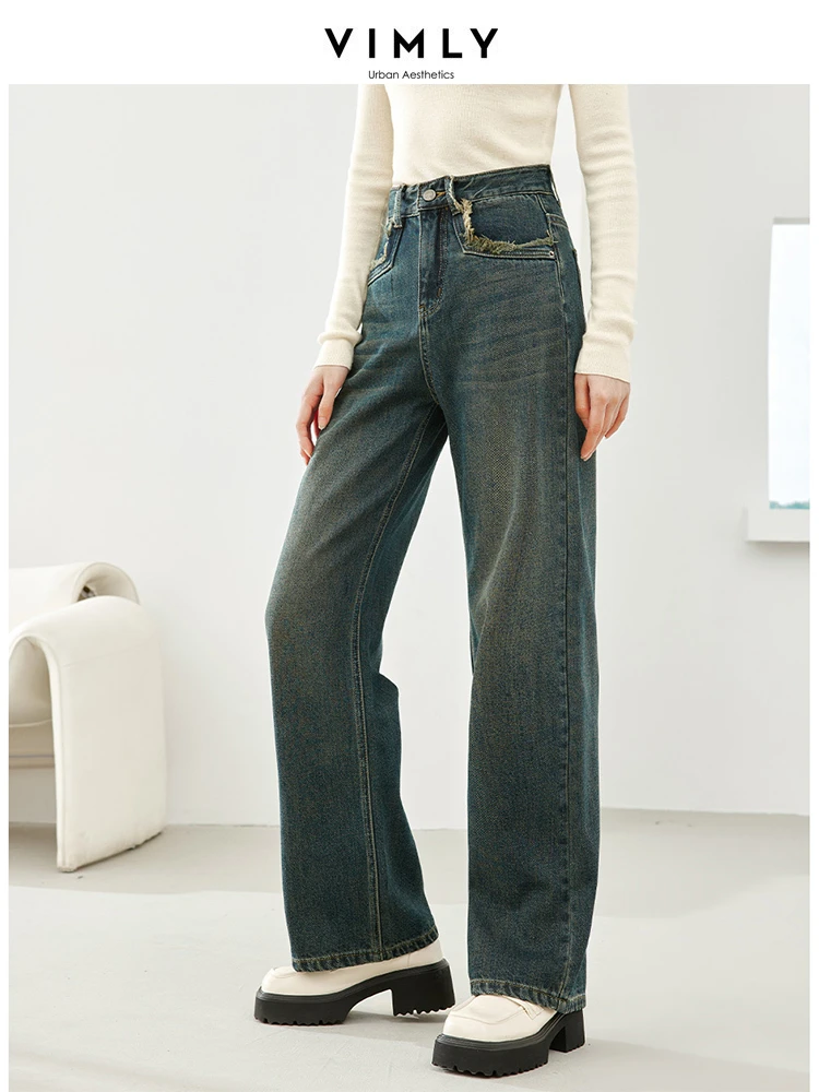 Vimly Vintage Cotton High Waist Denim Pant Woman Straight Loose Casual Trousers 2023 Winter Thick Warm Baggy Jeans Female 72676