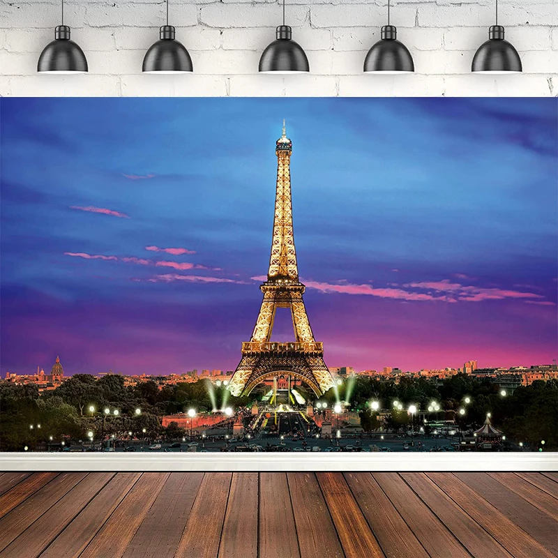 Eiffel Tower Photography Backdrop Photo Booth Paris Night View Props Wall Background Party Decoration Banner Poster