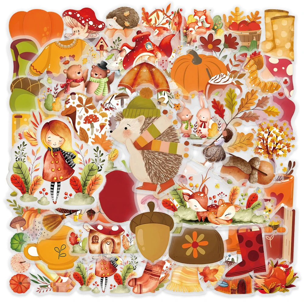 

10/30/50pcs Transparent Watercolor Autumn Stickers Cute Cartoon Decals Decoration Water Bottle Phone Notebook Sticker Kids Toy
