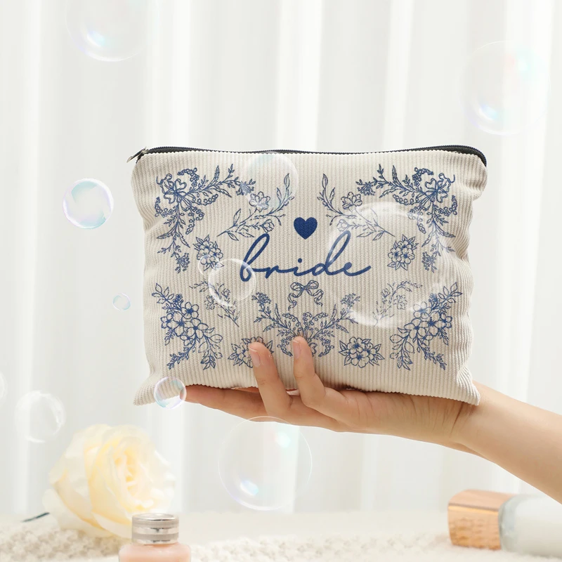 1Pc Bride Makeup Bag, Blue Bridal Shower Wedding Engagement Gift, Personalized Travel Toiletry Cosmetic Pouch