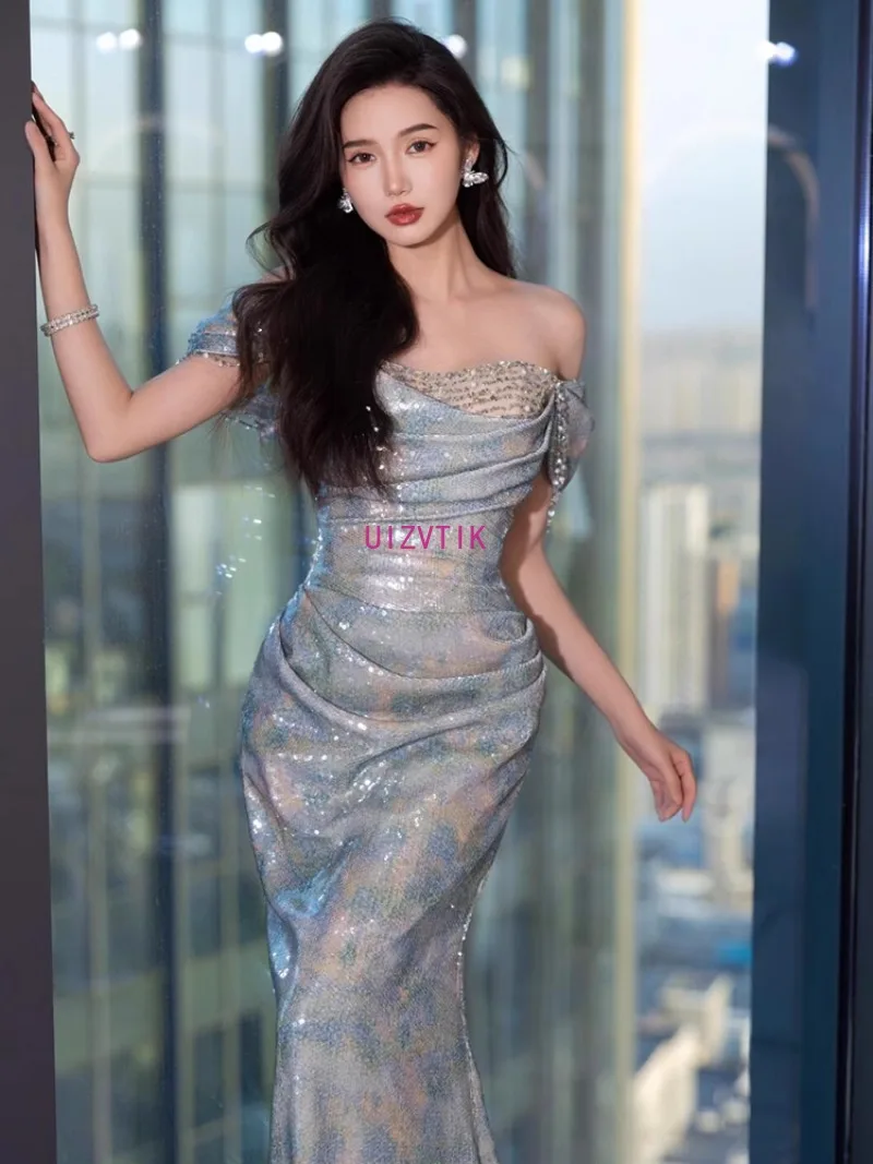 Вечернее платье Lnog с открытыми плечами, новинка 2025, элегантное платье для выпускного вечера с блестками, платье русалки с открытой спиной, вечерние, свадебные, торжественные, платья
