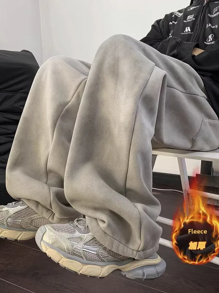 American Sle Thiened Waed Bend Knife Men's Winter Fce Lined Pants Cleanfit Loose Wide Leg Sports Trousers