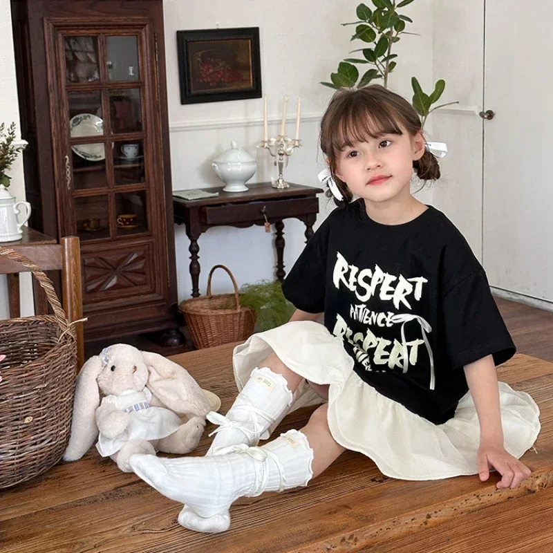 New Summer Girls Fashion Dress Black and White Color T-shirt Casual Bow Letter Children's Baby Girl Dresses Toddler Girl Clothes