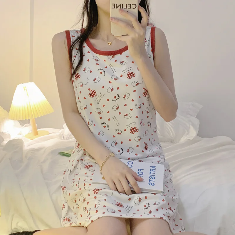 Sanrio Hellokitty Kawaii Pajamas Female Cute Cartoon Sweet Ins Hot Summer Net Red Vest Nightdress Loose Home Clothes