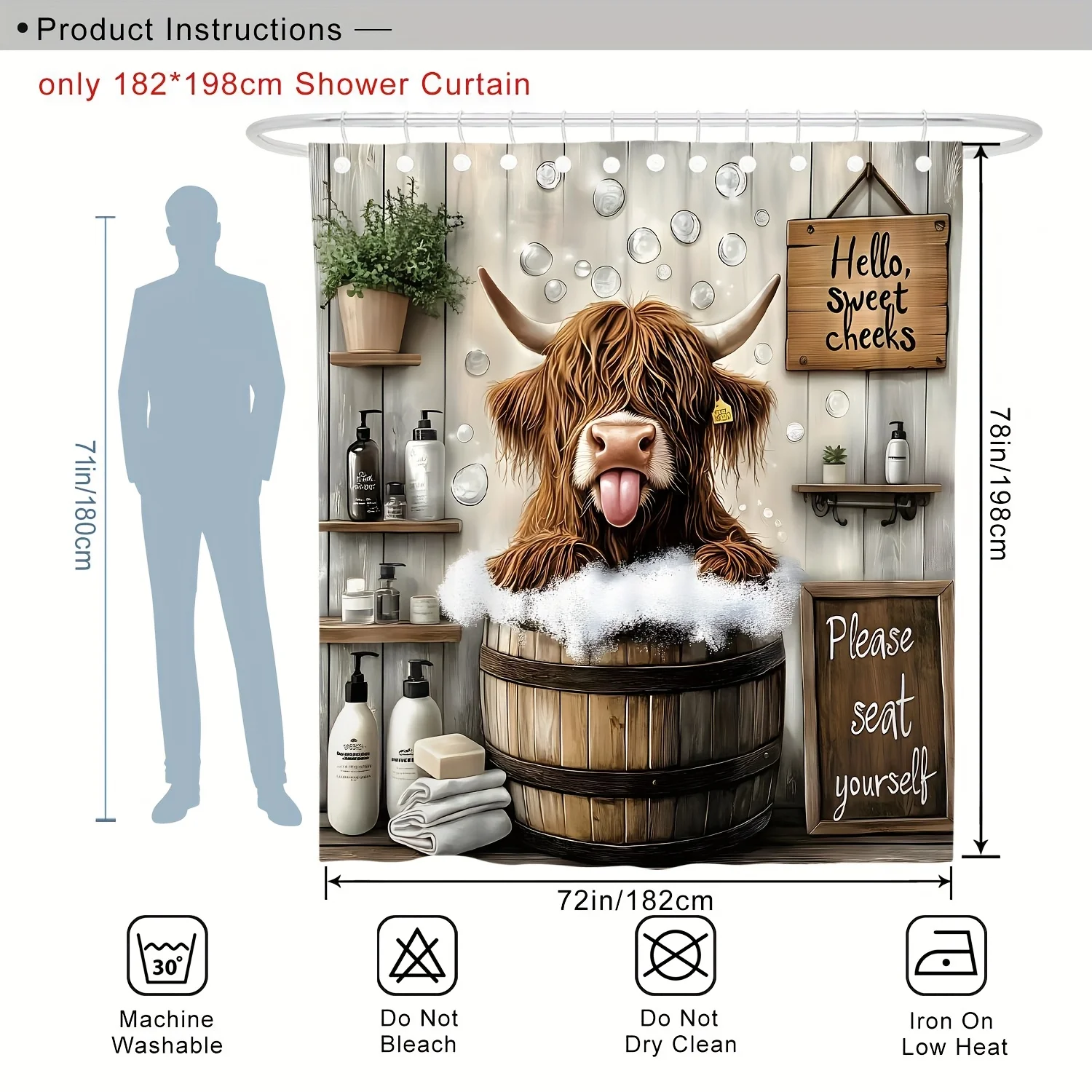 funny highland cow in wooden tub with bubbles shower curtain rustic farmhouse bathroom decor humorous animal art design