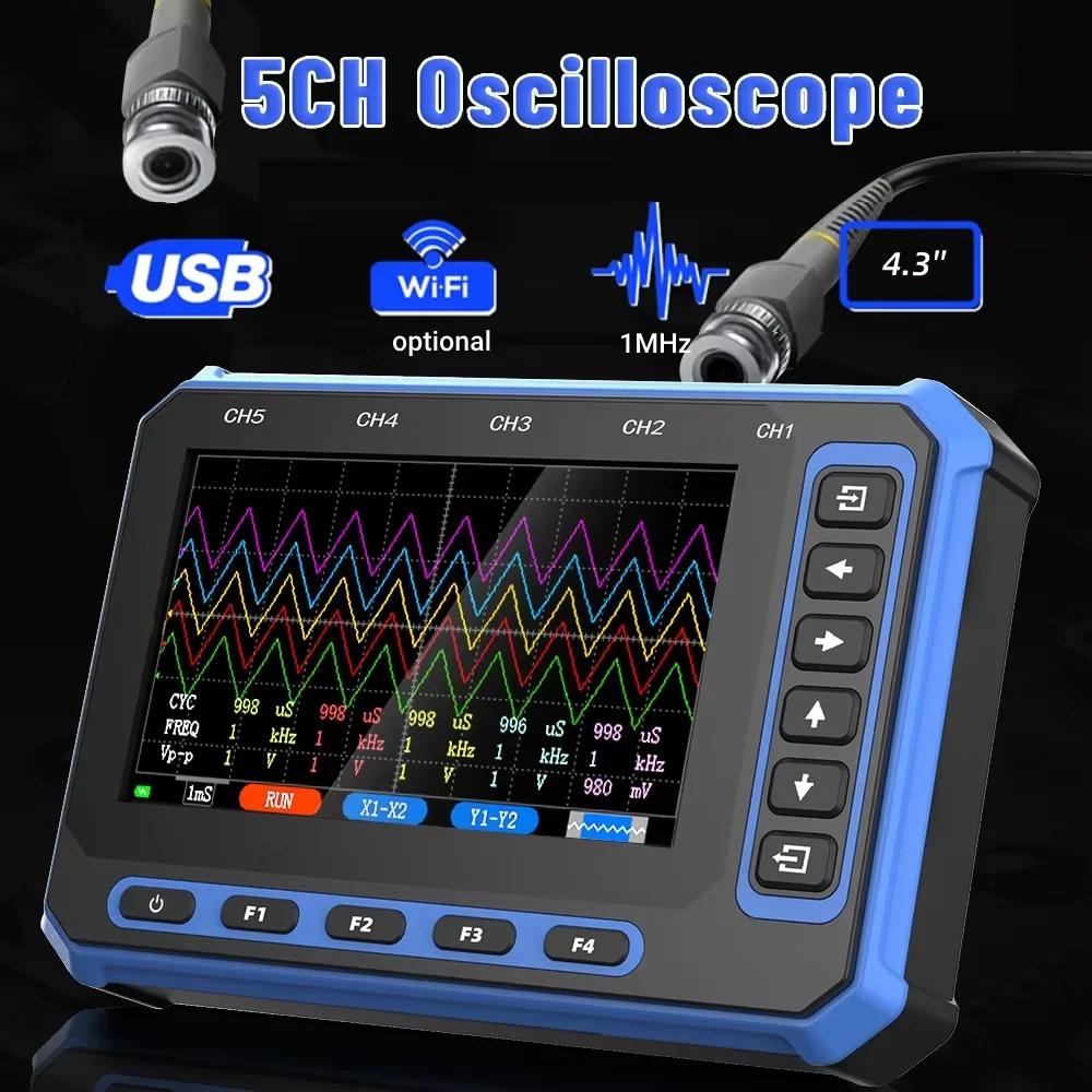 TOOLTOP 5CH Oscilloscope numérique sans fil Connet 1MHz bande passante 4.3 pouces Oscilloscope batterie au Lithium test électronique domestique